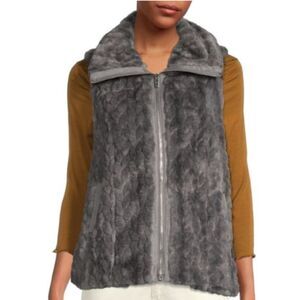 NWT CATHERINE MALANDRINO Women's Faux Fur Zip Mock Neck Sleeveless Vest Grey 1X